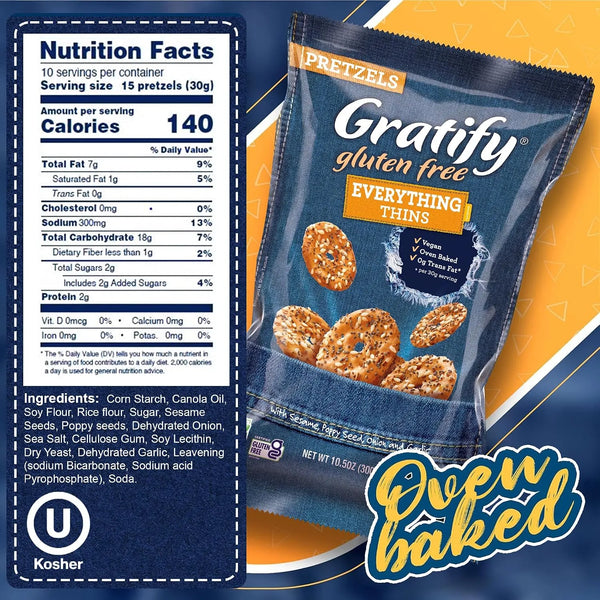 Gratify Gluten Free Pretzels Everything Thins 10.5oz - nutrition facts label