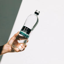 Hand holding Aqua Carpatica natural spring water bottle, premium imported hydration