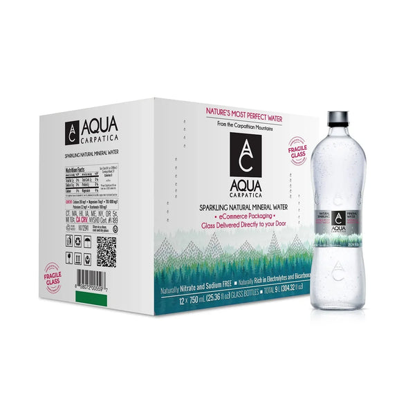 Aqua Carpatica sparkling natural mineral water in glass bottles, 12-pack box with forest design, nitrate and sodium free