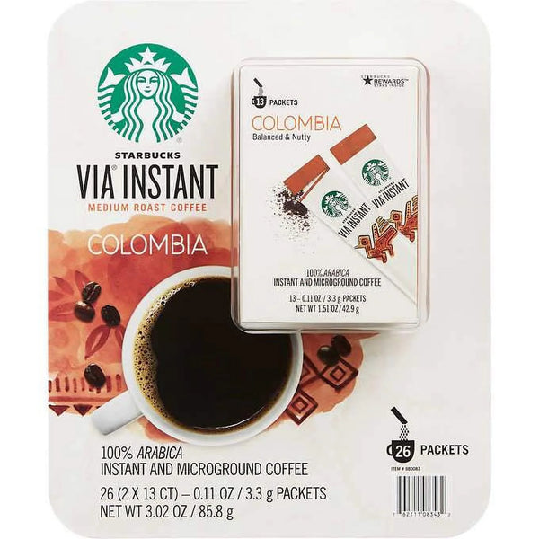 Starbucks VIA Instant Colombia Coffee, Medium Roast 3.02 oz ( 0.11 oz, 26 ct)