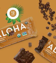 ALOHA Chocolate Espresso Protein Bar Nutrition Facts label showing calories, fat, fiber, sugar, protein and caffeine per serving