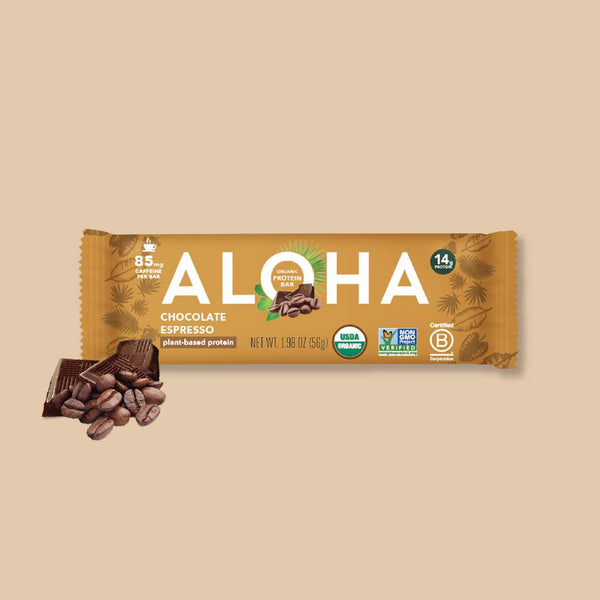 ALOHA Chocolate Espresso plant-based protein bar with coffee beans and chocolate pieces.