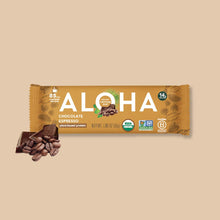 ALOHA Chocolate Espresso Organic Protein Bar package with USDA Organic and Non-GMO Project Verified logos