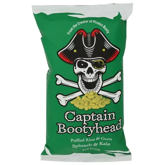 Captain Bootyhead Spinach & Kale Puffed Rice & Corn 4 oz - green bag pirate skull illustration