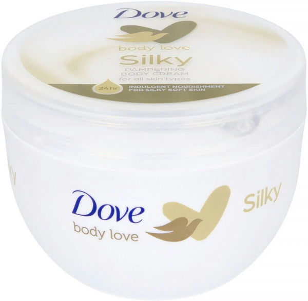 Dove Body Love Silky Dampening Body Cream in a white plastic jar with a matching lid, featuring blue and gold branding.