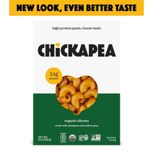 Box of organic elbow pasta made from chickpeas and yellow peas, high protein, gluten free