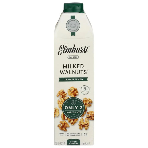 Elmhurst Milked Walnuts unsweetened plant-based milk, dairy-free, only 2 ingredients, smooth & creamy