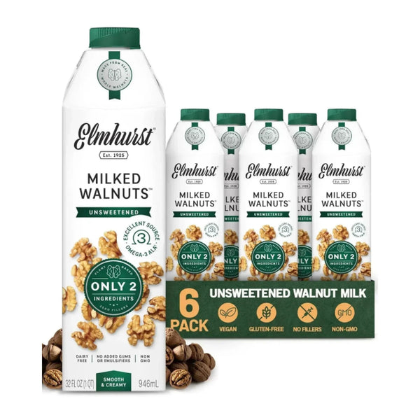 Elmhurst Unsweetened Walnut Milk 6-Pack, plant-based, dairy-free, vegan, gluten-free, non-GMO, only 2 ingredients