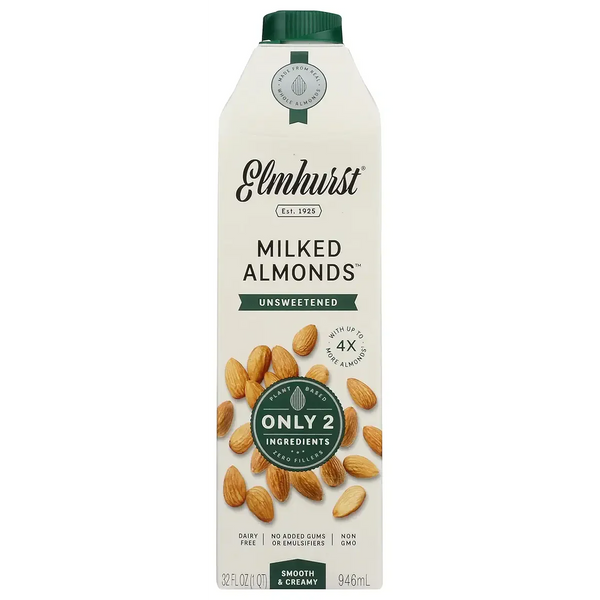 Elmhurst Milked Almonds Unsweetened, Only 2 Ingredients, 4x More Almonds, Dairy Free, Non GMO, 32 fl oz (946ml)