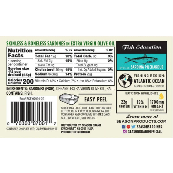 Season Sardines in Extra Virgin Olive Oil, Wild Caught, 4.37 oz Tins (6-Pack) – High Protein, Keto Friendly, Kosher - Real Prime Deals