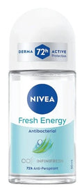 Nivea Fresh Energy Antibacterial deodorant roll-on bottle, 50 ml, featuring a white cap and a clear bottle showing the liquid inside, with a blue and white label.