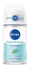 Nivea Fresh Energy Antibacterial deodorant roll-on bottle, 50 ml, featuring a white cap and a clear bottle showing the liquid inside, with a blue and white label.