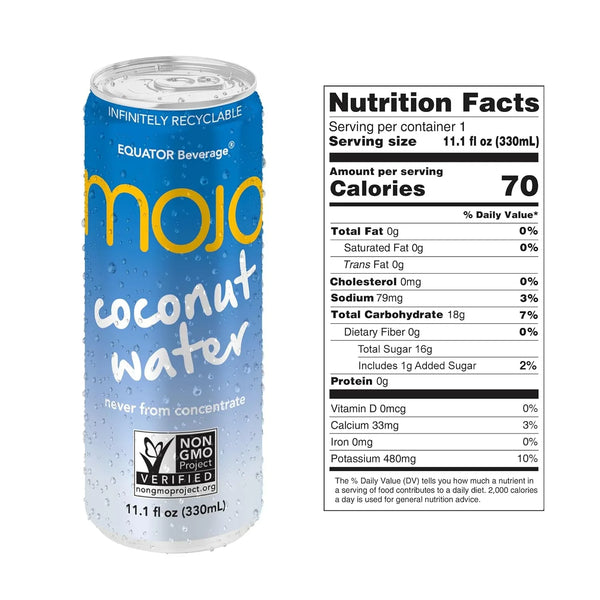 Mojo coconut water can with nutrition facts, non-GMO, 11.1 fl oz, health beverage