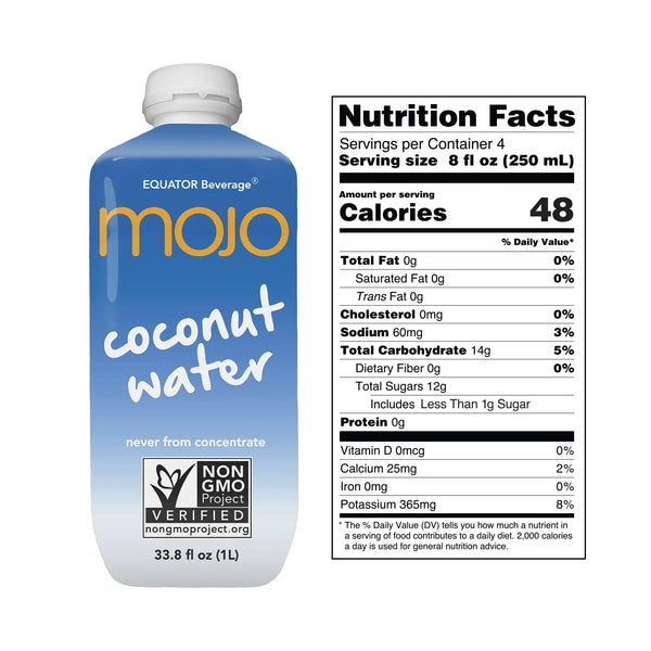 Mojo coconut water 1L carton with nutrition facts, non-GMO, healthy beverage