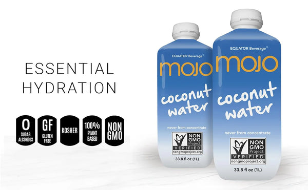 Two cartons of mojo coconut water, non-GMO, gluten free, plant-based, essential hydration