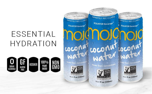 Mojo coconut water cans, gluten free, non-GMO, plant-based, for essential hydration.