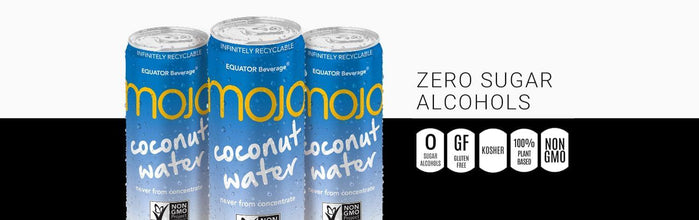 Mojo coconut water cans with zero sugar alcohols, gluten-free, kosher, plant-based, non-GMO labels.