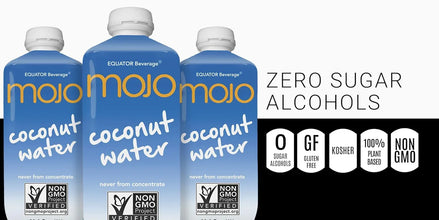 Mojo coconut water cartons with zero sugar, gluten-free, non-GMO, plant-based labels.