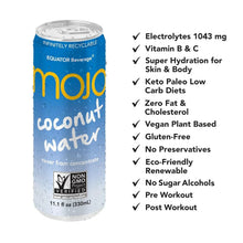 Mojo coconut water can with benefits list, vegan, gluten-free, low carb, electrolytes drink