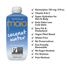 Mojo coconut water carton with product benefits like electrolytes, vegan, gluten-free listed beside it