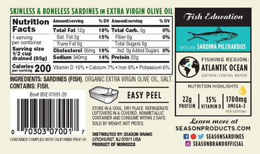 Skinless boneless sardines in extra virgin olive oil, high protein, omega-3, Atlantic Ocean catch, easy peel packaging