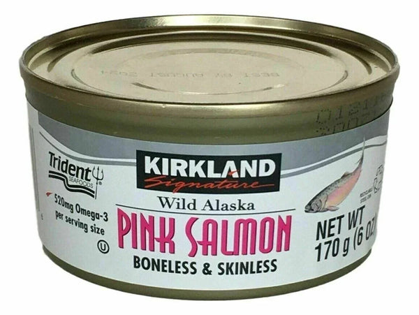 Canned pink salmon, boneless and skinless, 170g, labeled Wild Alaska seafood.