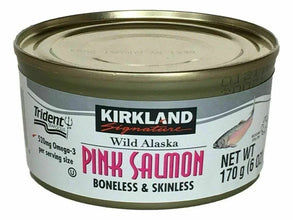 Canned pink salmon, boneless and skinless, 170g, labeled Wild Alaska seafood.