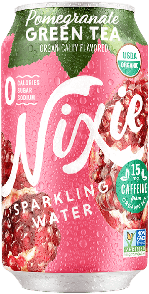 Can of Nixie Pomegranate Green Tea Sparkling Water, USDA Organic and Non-GMO.