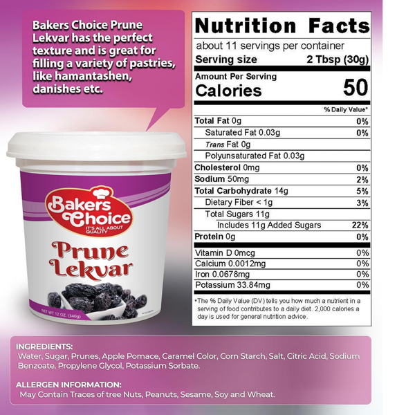 Prune Butter Lekvar Pastry Filling, 12 oz – Creamy Spread & Topping for Cakes and Desserts, Kosher, Dairy-Free & Vegan by Baker’s Choice