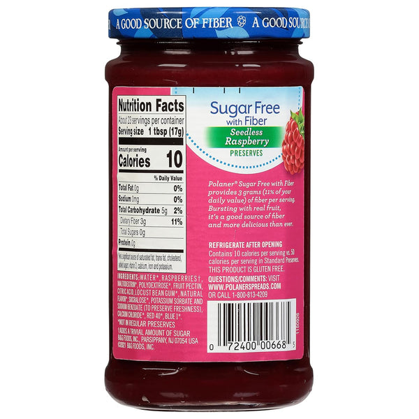Polaner Sugar Free with Fiber Raspberry Jam, 13.5 oz – No Sugar Added Raspberry Fruit Spread