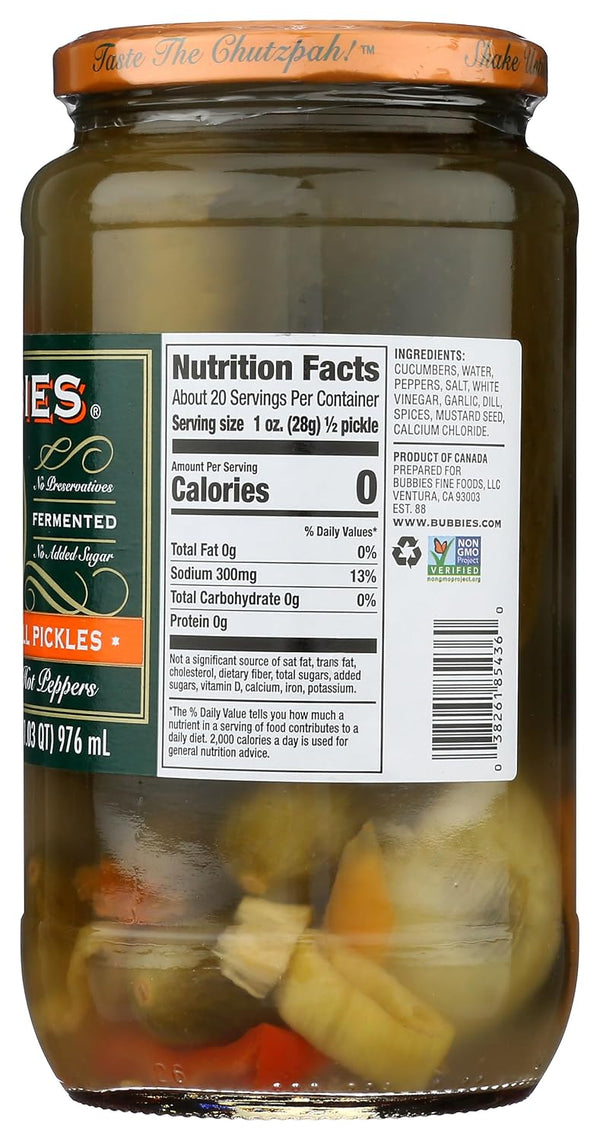 Bubbies Spicy Kosher Dill Pickles, 33 fl oz jar front label detail