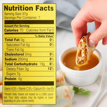 Nutrition facts label for snack wraps with hand dipping into sauce, highlighting calories, carbs, and sodium details