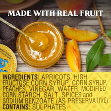 Apricot peach fruit spread in jar with fresh slices, made with real fruit, natural ingredients