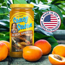 Saucy Susan Peach Apricot sauce jar with fresh fruit, Made in USA seal, perfect for grilling