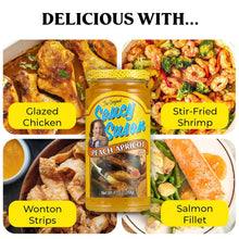 Saucy Susan Peach Apricot sauce with glazed chicken, stir-fried shrimp, wonton strips, and salmon fillet