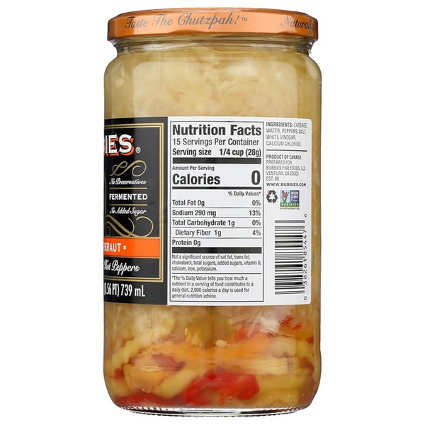 Bubbies Spicy Sauerkraut, 25 oz – Traditional Fermented Cabbage with Spicy Kick