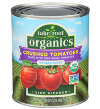 Can of organic crushed tomatoes, no salt added, with vine-ripened Roma tomatoes on label