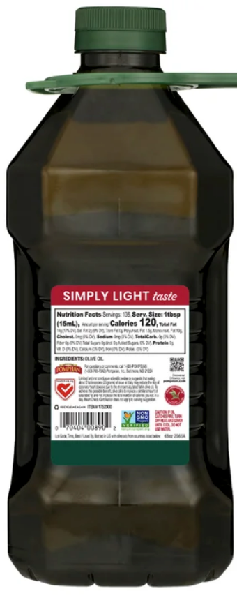 Pompeian Simply Light Taste Olive Oil 68 fl oz (2L) – Non-GMO, Farmer Owned