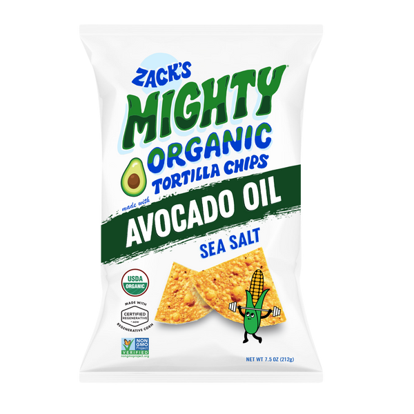 Zack's Mighty Organic Avocado Oil Tortilla Chips, Sea Salt, 7.5 oz bag - front