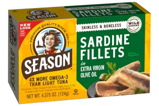 Season Sardine Fillets in Extra Virgin Olive Oil, skinless & boneless, wild caught, 4x more Omega-3 than light tuna