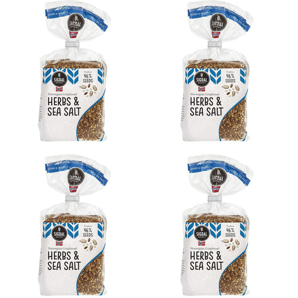 Sigdal Bakeri All Natural Norwegian Crispbread - Non GMO, Vegan, Sugar Free, High Fiber, Low Carbs, High Protein, Wholegrain Snack Crackers With Up To 46% Seeds (Herbs & Sea Salt, 4 Pack)