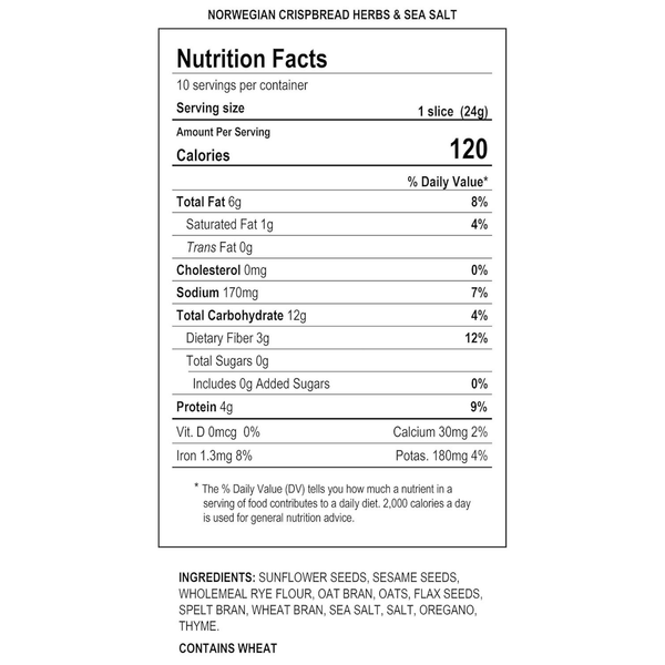 Sigdal Bakeri All Natural Norwegian Crispbread - Non GMO, Vegan, Sugar Free, High Fiber, Low Carbs, High Protein, Wholegrain Snack Crackers With Up To 46% Seeds (Herbs & Sea Salt, 1 Pack)