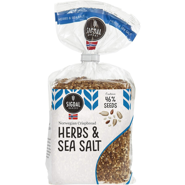 Sigdal Bakeri All Natural Norwegian Crispbread - Non GMO, Vegan, Sugar Free, High Fiber, Low Carbs, High Protein, Wholegrain Snack Crackers With Up To 46% Seeds (Herbs & Sea Salt, 1 Pack)