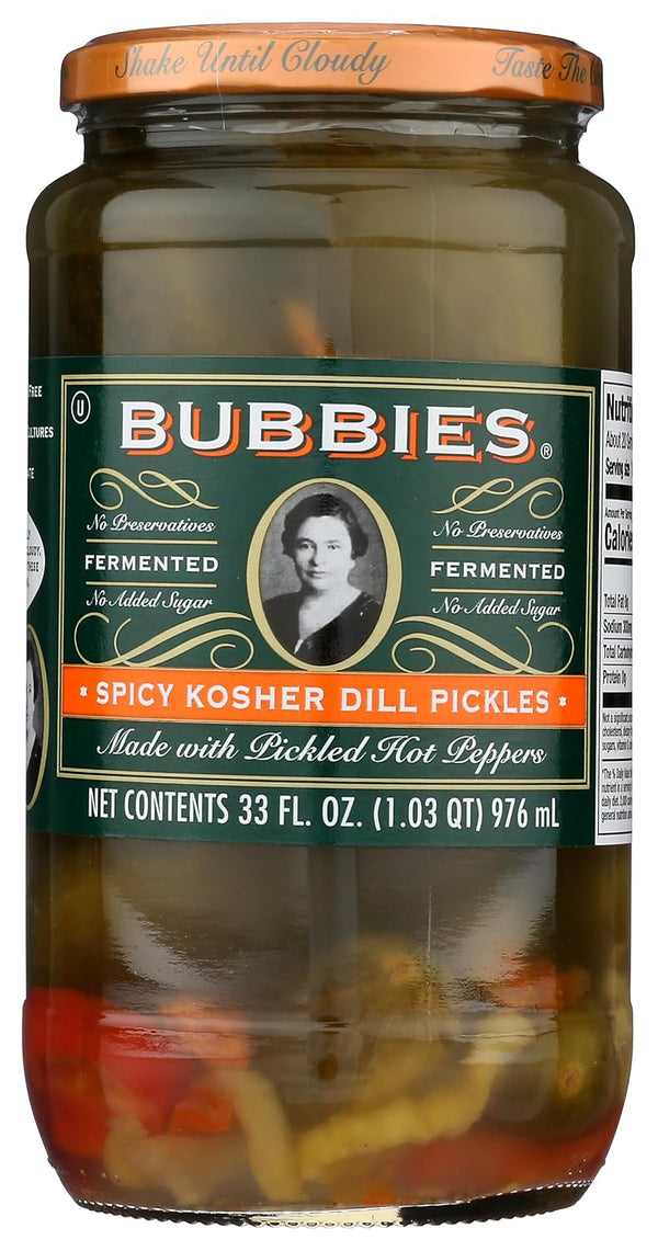 Bubbies Spicy Kosher Dill Pickles, 33 fl oz jar front label