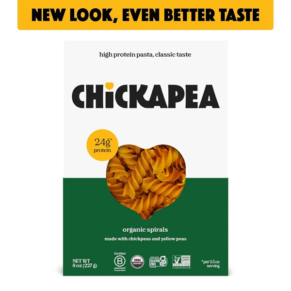 Chickpea and yellow pea organic spiral pasta box, high protein, gluten free, non-GMO.