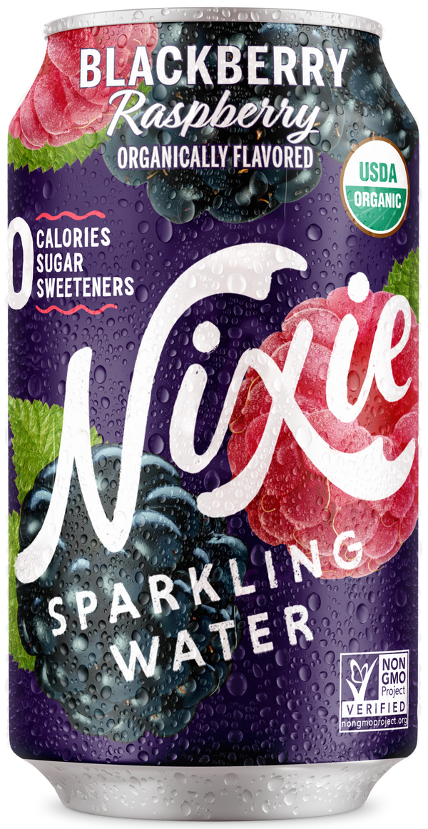Nixie Blackberry Raspberry organic sparkling water can with fruit illustrations