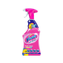 A pink spray bottle of Vanish Oxi Action Multi Stain Remover Spray for Colors.