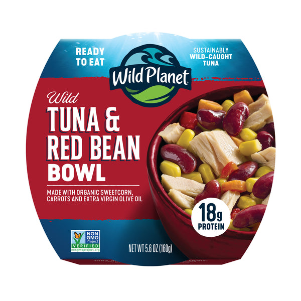 Wild Planet Tuna & Red Bean Bowl meal package, 5.6 oz, featuring a red and blue label with a photo of the prepared bowl containing tuna, red beans, and sweetcorn.
