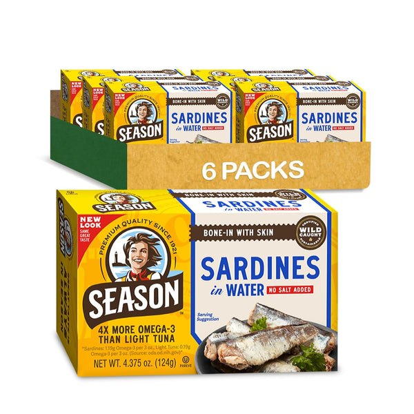 Season Sardines in Water, No Salt Added, Wild Caught, 4.37 oz Tins (6-Pack) – High Protein, Keto Friendly, Kosher