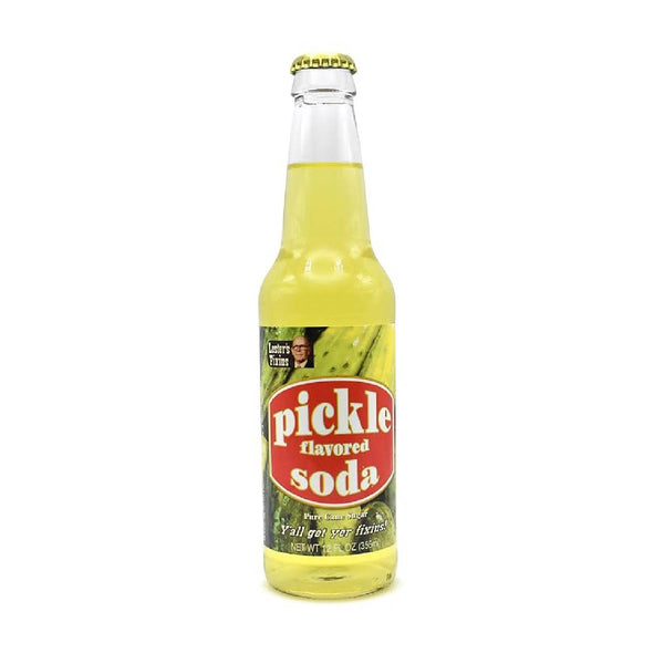 Rocket Fizz Lester’s Fixins Pickle Soda, 12 oz Glass Bottle, Cane Sugar Novelty Craft Soda (Single Bottle)